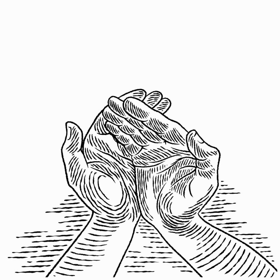 Hand drawn a hand's man in praying position. The palm of an Islamic praying and a symbol of faith mosque. Simple hands gesture sketch vector illustration. Religion conceptual art sketch.