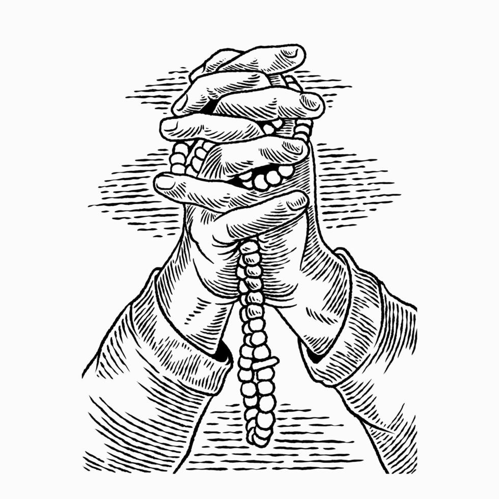Hand drawn hands folded in praying position. Prayer to god with faith and hope. A man prays, holding a rosary in his hands isolated on white background in vintage style. Vector illustration