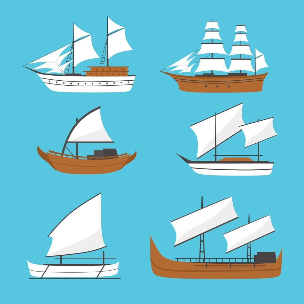 Vector flat sailing boat, ship icon, set. Old wooden ship with white sails. Phinisi ship, Barqque Sadov ship, Patorani ship, Travel by sea transport, traditional asian marine vessel.