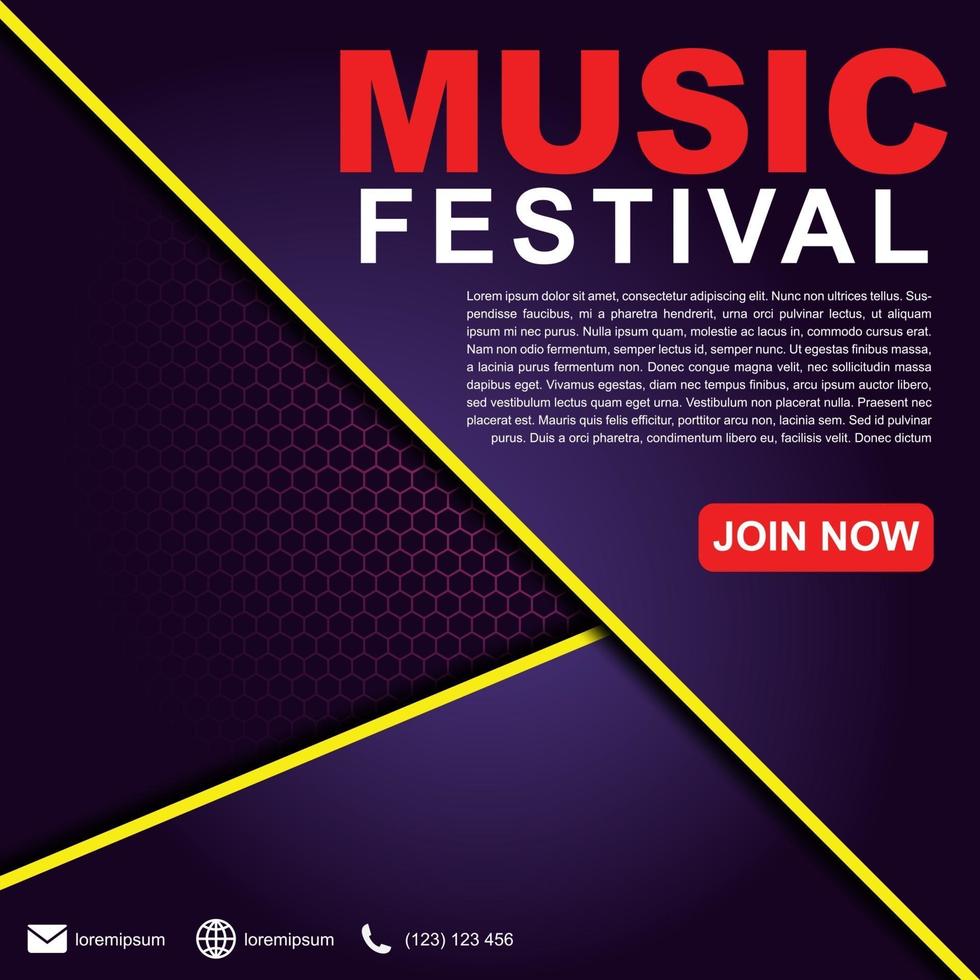 Plantilla de banner de festival de música para publicación en redes sociales, anuncios web, póster. plantilla de cartel de festival de música. Folleto de fondo 3d para festival de música. vector