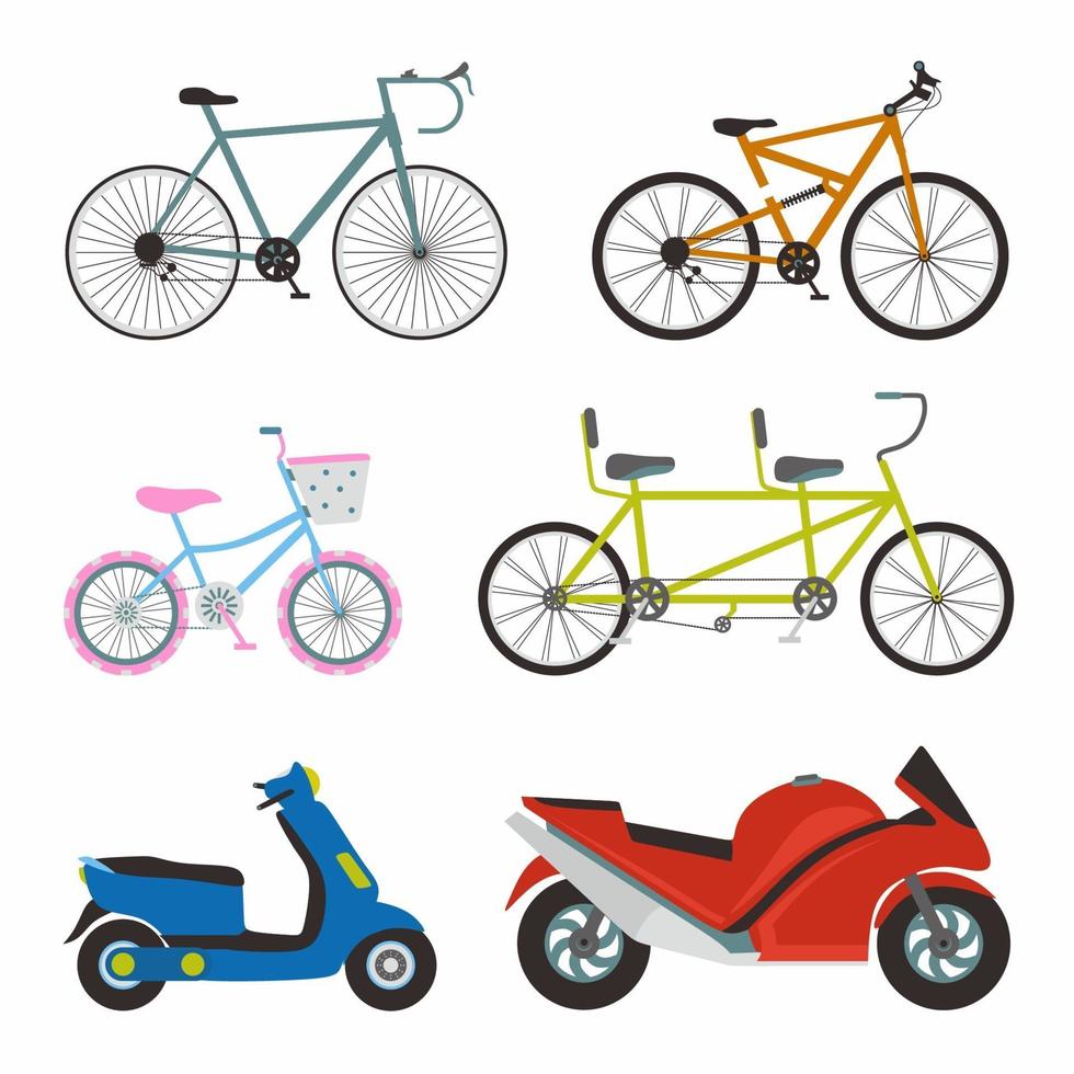 Conjunto simple de diseño vectorial de iconos planos de transporte. contiene como bicicleta deportiva, bicicleta de mujer, motocicleta matic y motocicleta deportiva. ilustración de dibujos animados de elementos de vector de transporte