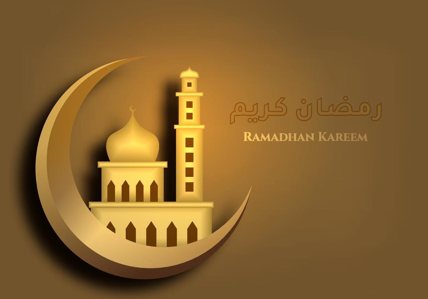 Ramadan Kareem background with mosque in crescent moon gold luxurious template ornate element. Happy Eid fitr, Eid Mubarak islamic motif in gold color. Flat cartoon design. Vector illustration