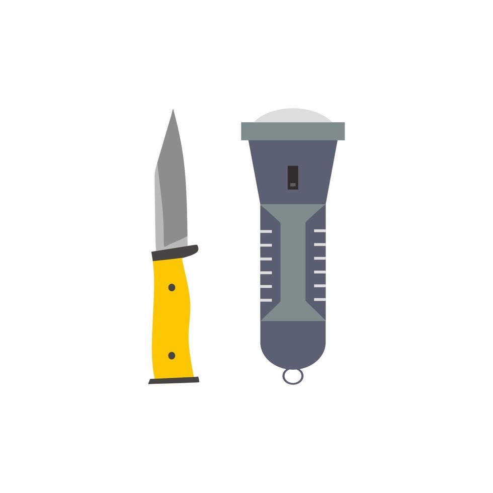 iconos de equipo de campamento de linterna y cuchillo. tema de actividad de senderismo de verano aislado sobre fondo blanco. mochila de camping y herramienta de supervivencia para turistas en estilo de dibujos animados. ilustración vectorial vector