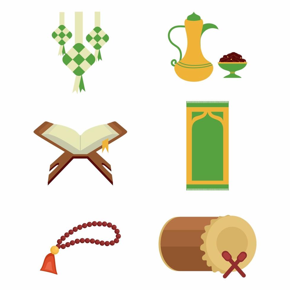 conjunto de iconos de ramadan kareem aislado sobre fondo blanco. libro de corán, cuentas de oración, ketupat, comida festiva, tambor o bedug. ornamento árabe plano, tema de celebración islámica de Ramadán. ilustración vectorial vector