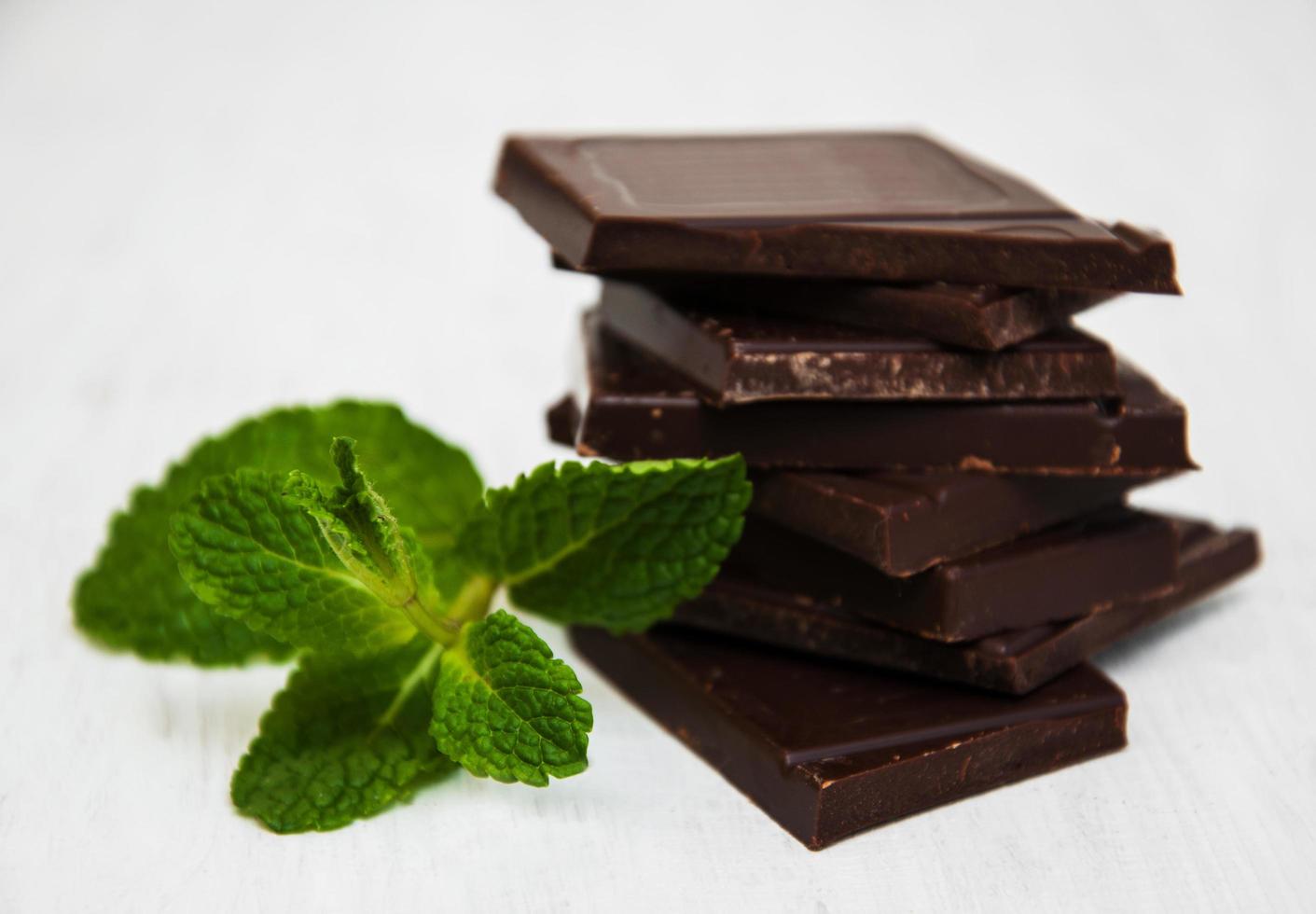 Chocolate pieces with a leaf of mint photo