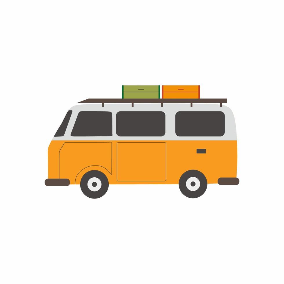 Camping van for adventure tourism, travel, trip, backpacking and recreation. Time to travel, summer camp vacation. Flat design style minimal vector illustration. Comfort cars for family travel