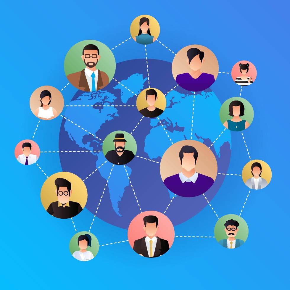concepto de diseño plano red social. pueblos que se conectan en todo el mundo con línea e ícono de avatar. ilustrar el vector. vector