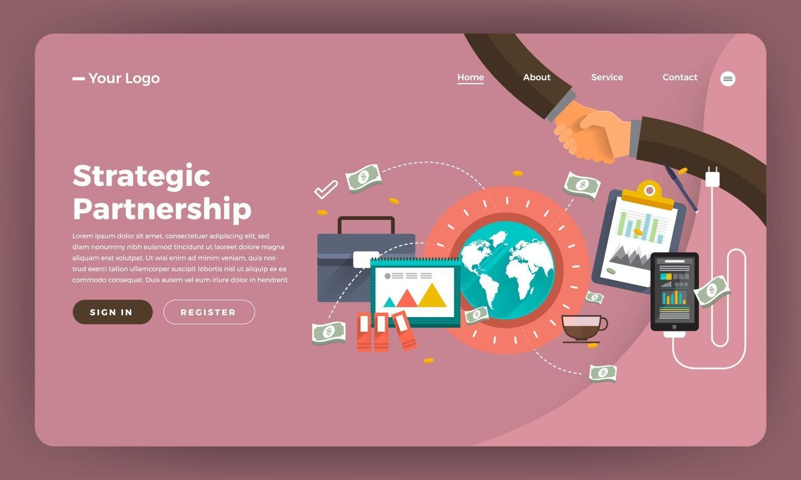 Mock-up design website flat design concept digital marketing. Strategic Partnership.  Vector illustration.