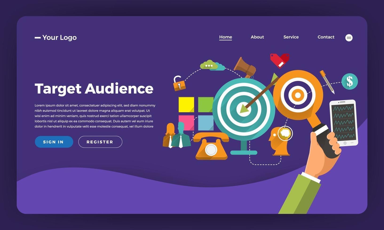 Mock-up design website flat design concept digital marketing. Target Audience.  Vector illustration.