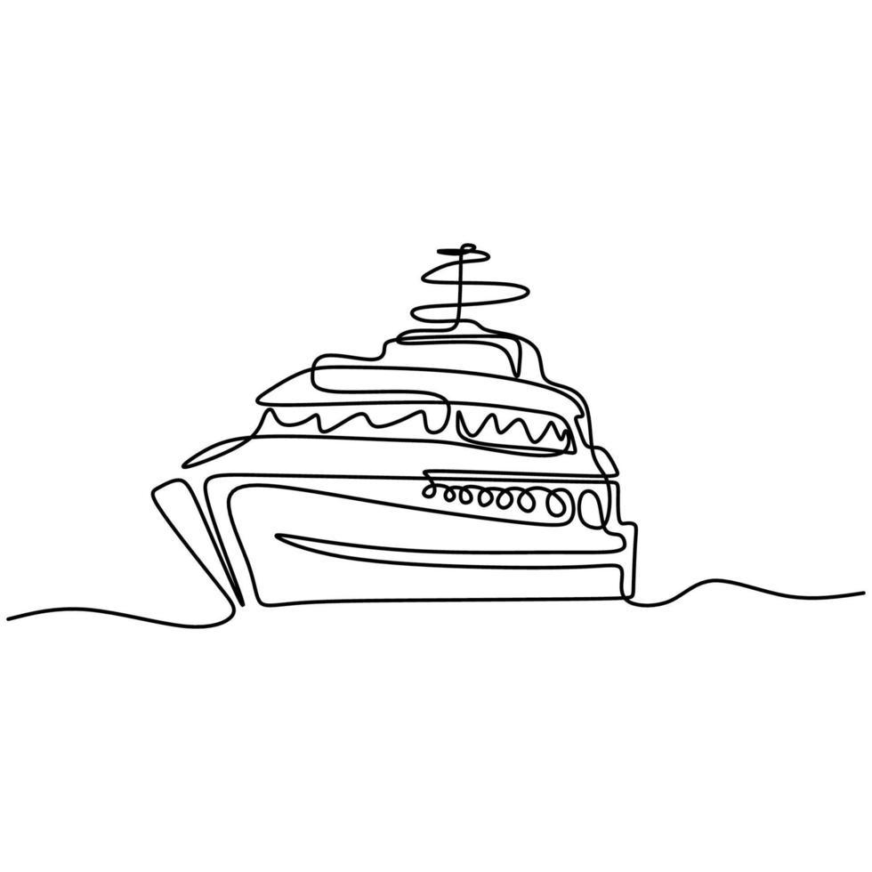 Continuous one line hand drawn of large cruise ship at sea. Royal passenger cruise ship over the marine. Ocean travel vacation concept design sketch outline drawing vector illustration