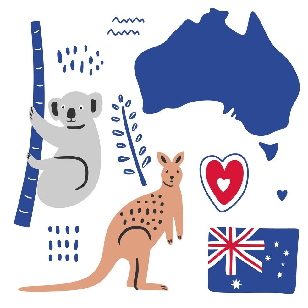 Big flat set of Australian famous icons koala, kangaroo, flag and map isolated on white background. Traditional cuisine, architecture, cultural symbols. A collection of colored illustrations. vector