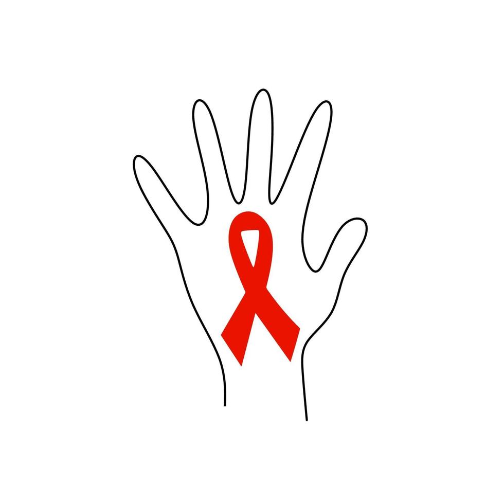 Human's hand with red ribbon Aids continuous one line drawing. Support hope for cure and stop Aids concept. World Aids Day, 1 December. Charity badge ribbon isolated on white background. vector