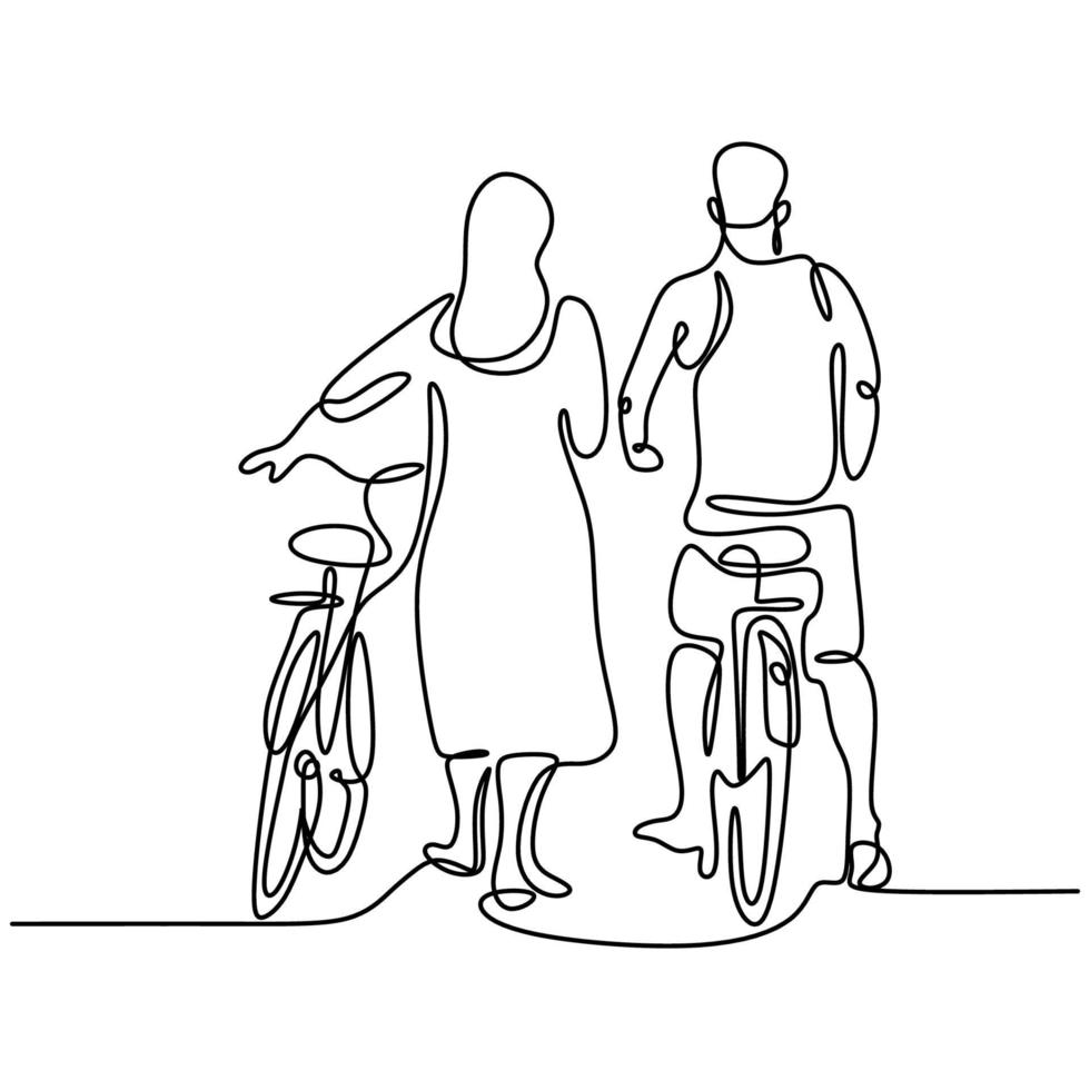 un dibujo de línea continua de la feliz pareja joven paseando con bicicleta. amantes masculinos y femeninos en bicicleta románticamente paseos juntos en el parque al aire libre. concepto de relación de amor. vector