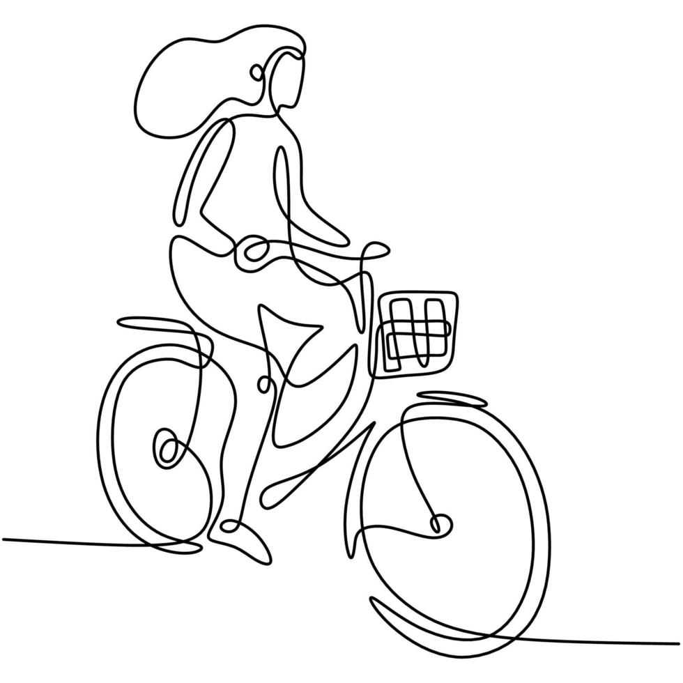 One continuous line drawing of a girl riding bicycle. A cute woman enjoy riding her cycle in the morning to exercise. Healthy lifestyle theme isolated on white background. Vector minimalist style