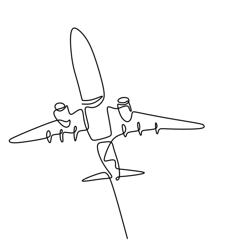 One line drawing a plane. The passenger plane flight in the sky isolated on white background. Business and tourism, airplane travel concept. Vector aircraft illustration in minimalist design