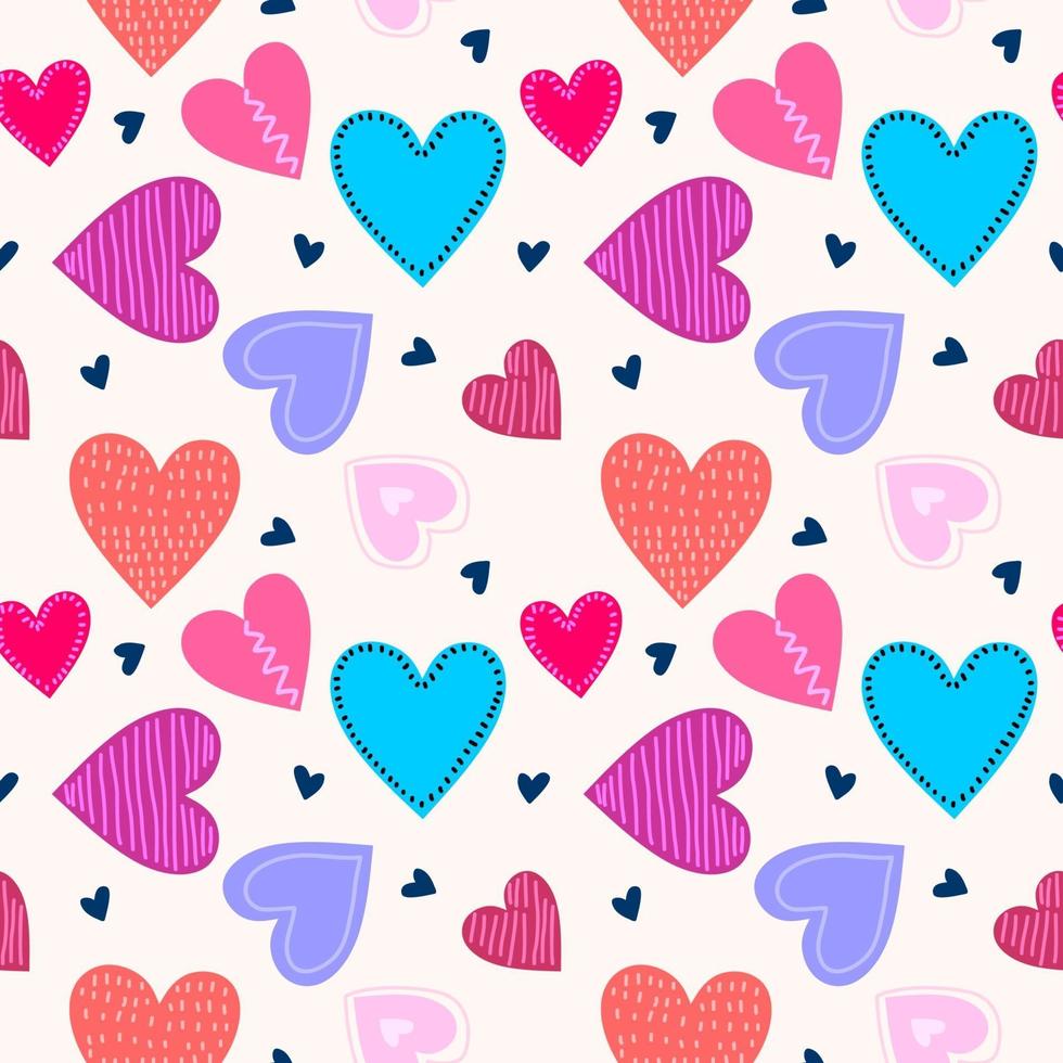 Repeated hearts drawn by hand. Scandinavian seamless pattern with colored cute love heart isolated on white background. Endless romantic. Vector illustration. Perfect for fabric or childish design