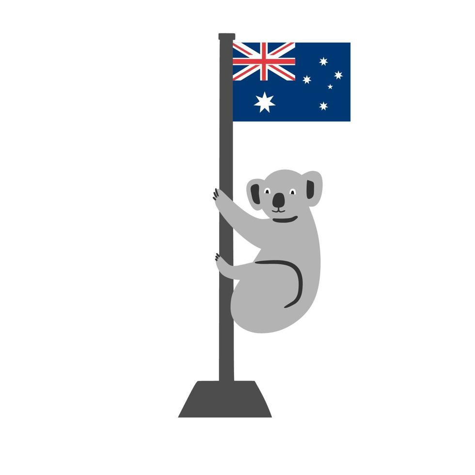 Koala con celebración de bandera australiana aislado sobre fondo blanco. día de australia koala bandera país nacional. Felices fiestas nacionales, celebradas anualmente el 26 de enero.Ilustración de vector plano