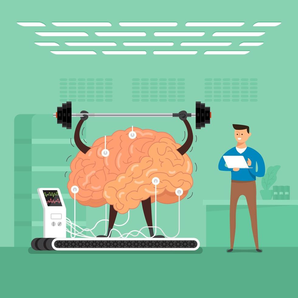 Flat design concept businessman training brain in labs. Vector illustrate.