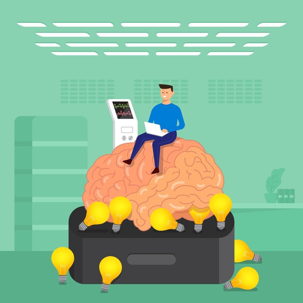 Flat design concept businessman training brain in labs. Vector illustrate.