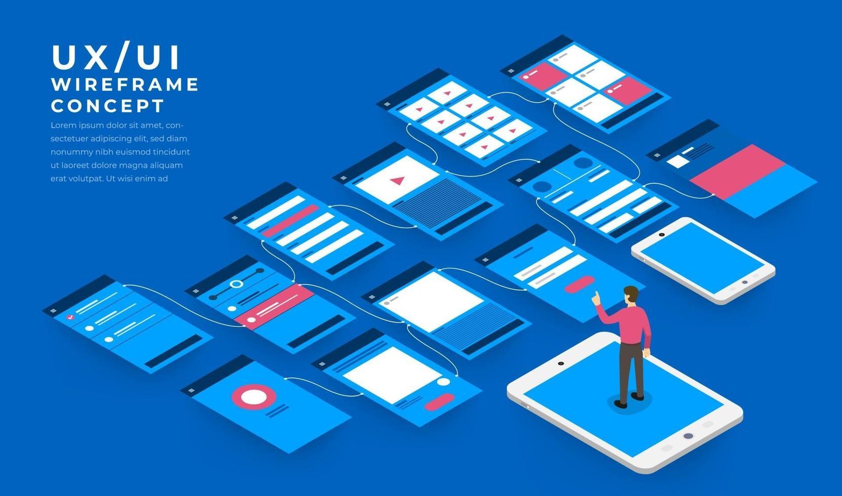 ux ui diagrama de flujo. maquetas concepto de aplicación móvil diseño plano isométrico. ilustración vectorial. vector