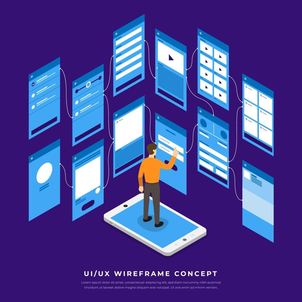 ux ui diagrama de flujo. maquetas concepto de aplicación móvil diseño plano isométrico. ilustración vectorial. vector