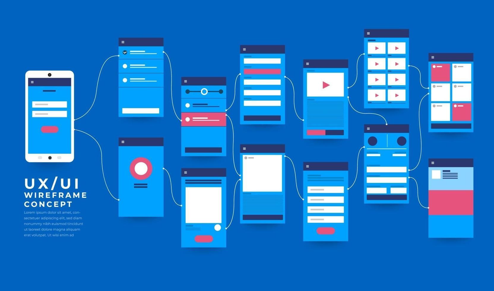 ux ui diagrama de flujo. maquetas de diseño plano del concepto de aplicación móvil. ilustración vectorial vector