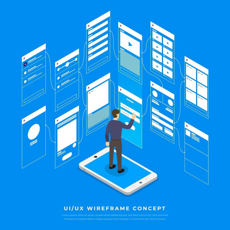 UX UI Flowchart. Mock-ups  mobile application concept isometric flat design. Vector illustration.