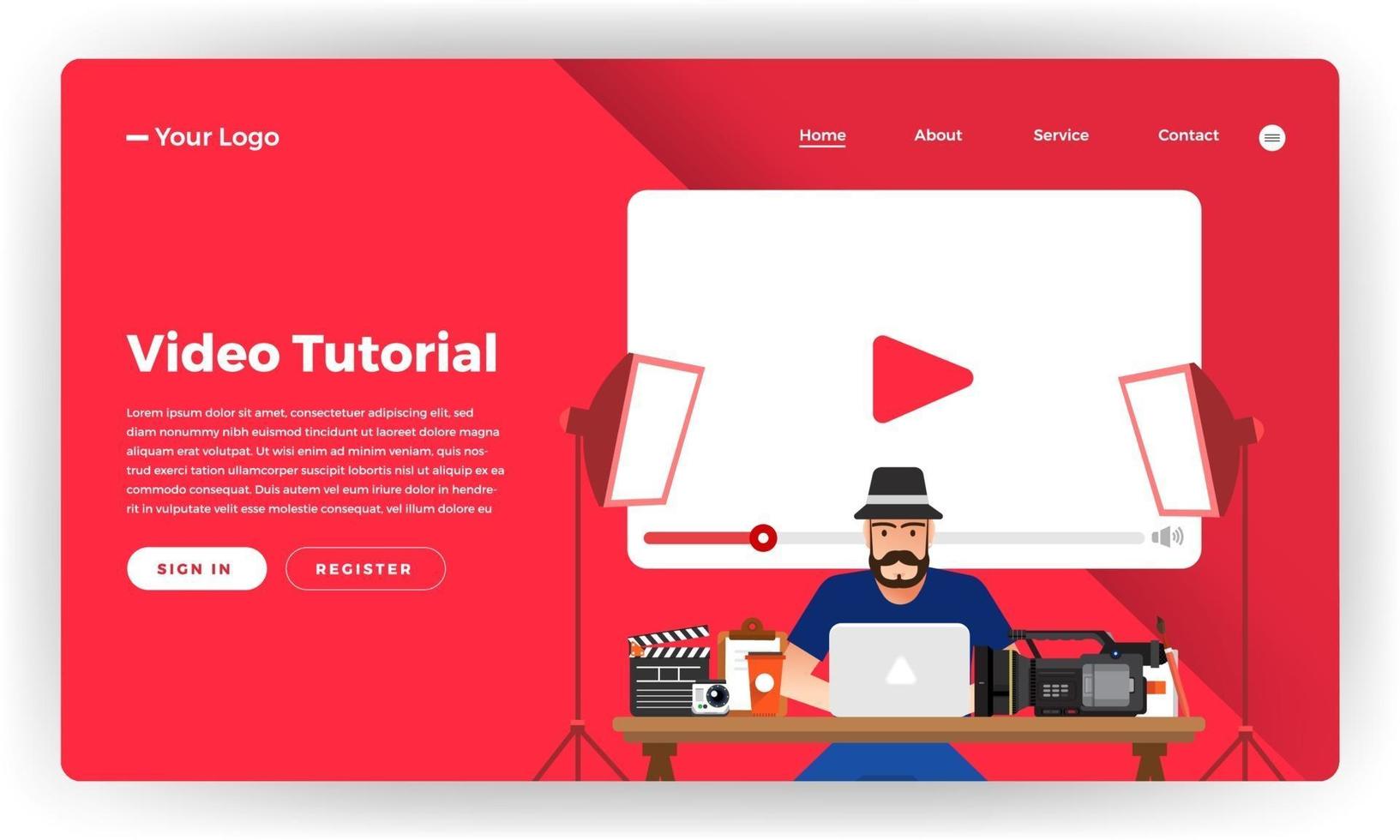 Mock-up design website flat design concept video tutorial.  Vector illustration.