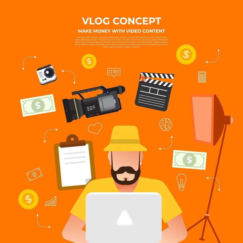 Flat design vlog concept. Create video content and make money. Vector illustrate