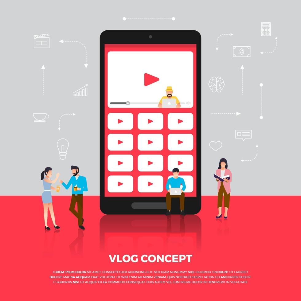 Flat design concept vlog. Team develop channel video online. Vector illustrate.