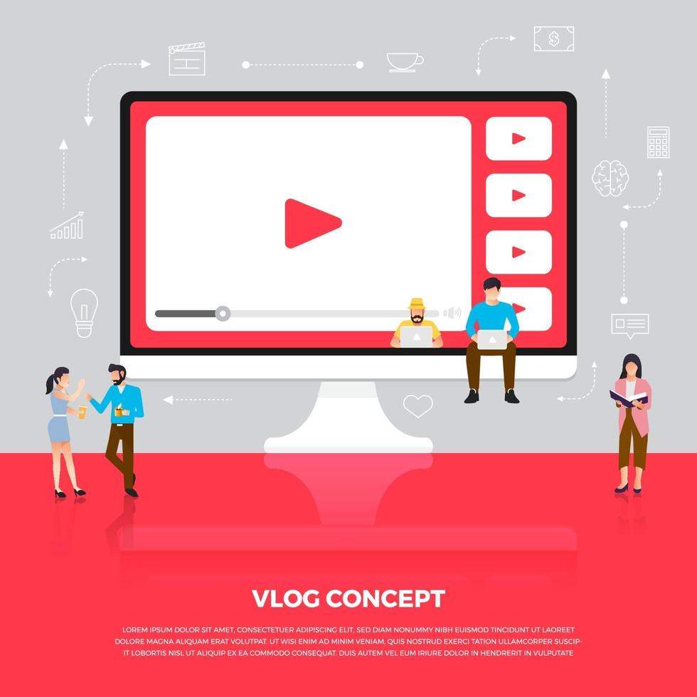 Flat design concept vlog. Team develop channel video online. Vector illustrate.