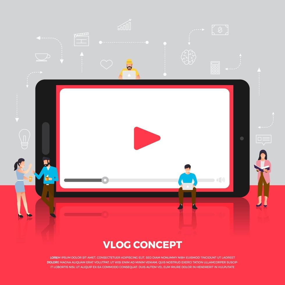 Flat design concept vlog. Team develop channel video online. Vector illustrate.