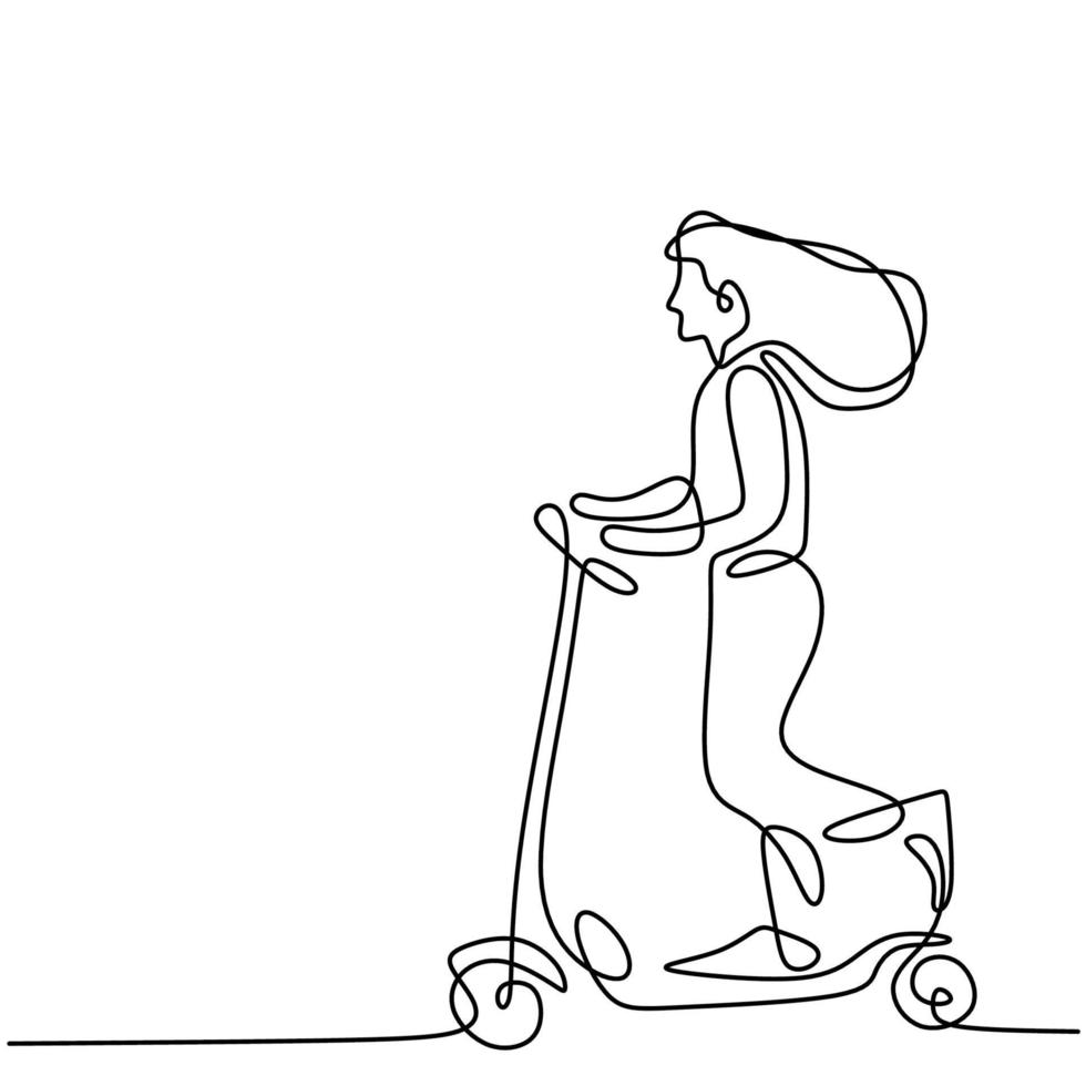 Continuous one line drawing of young woman rides an electric scooter. Energetic teenager girl riding urban electric scooter on the street hand-drawn line art minimalist design on white background vector