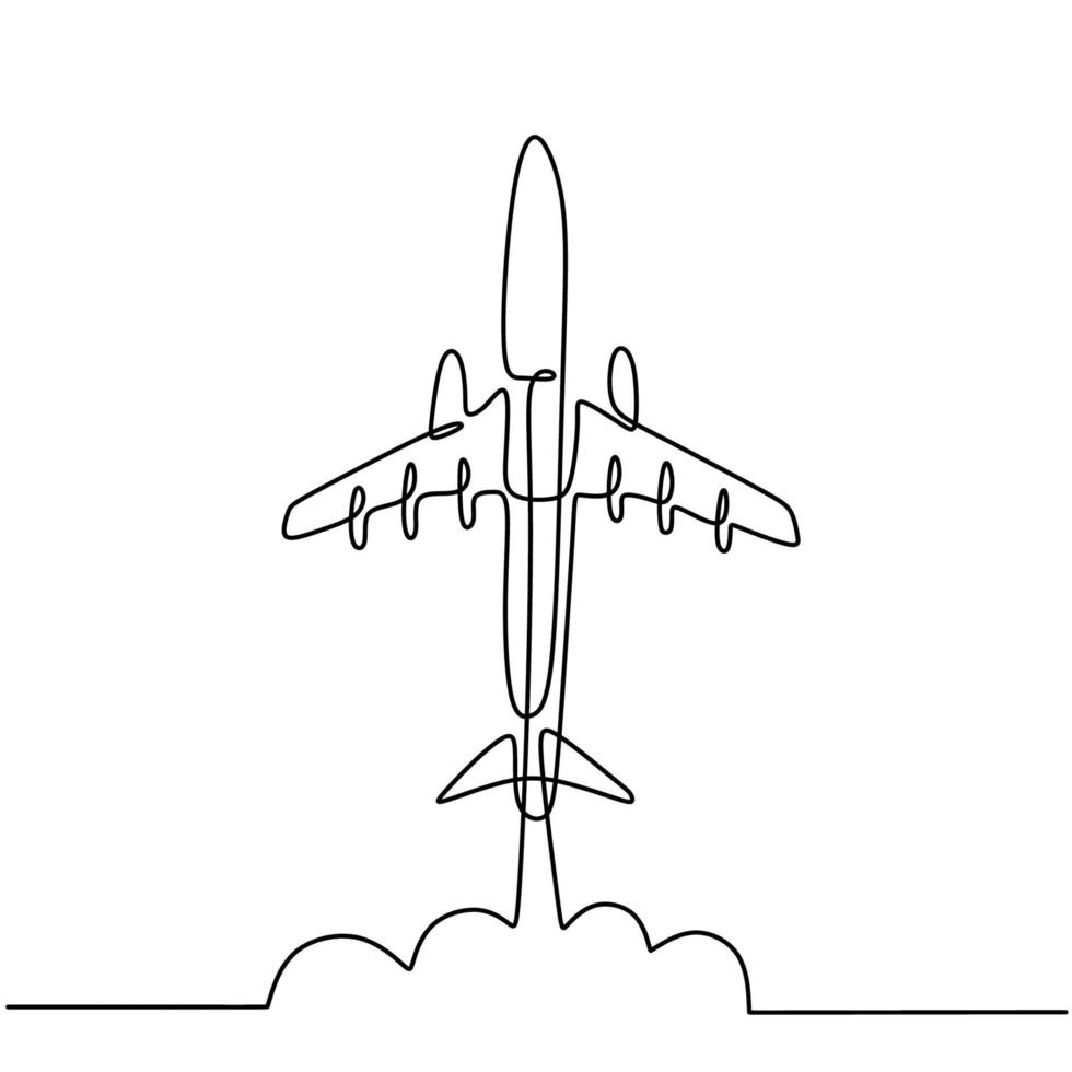 One line drawing a plane. The passenger plane flight in the sky isolated on white background. Business and tourism, airplane travel concept. Vector aircraft illustration in minimalist design