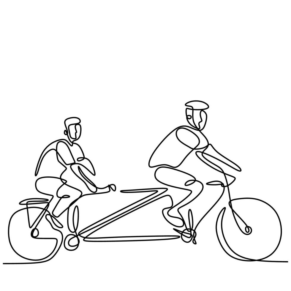 Continuous line drawing of two young man riding bicycles hand-drawn line art minimalism style on white background. Energetic male wearing helmet and rides a bike. Healthy lifestyle concept vector