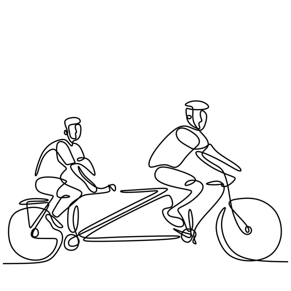 dibujo de línea continua de dos jóvenes en bicicleta estilo minimalista de arte lineal dibujado a mano sobre fondo blanco. hombre enérgico con casco y paseos en bicicleta. concepto de estilo de vida saludable vector