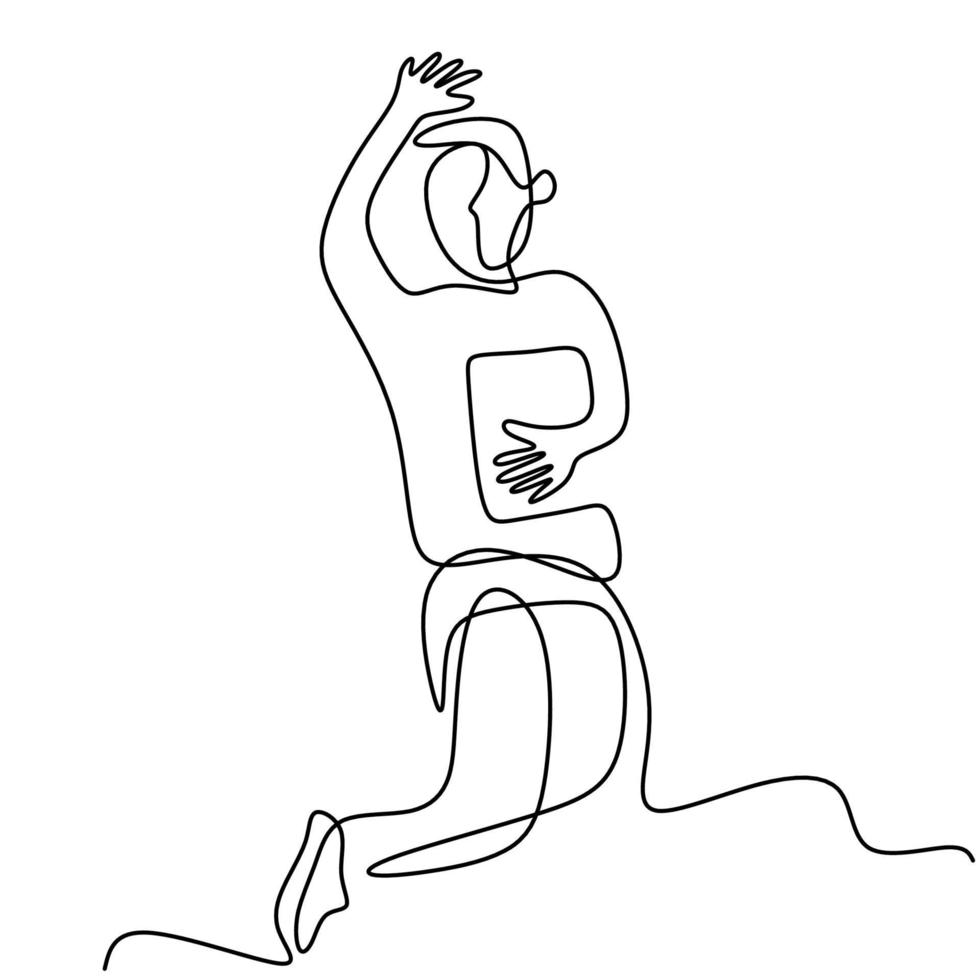 One continuous line drawing of a young man holding a book while jump and raised hand. Happy cheerful teenager male success his exam. Character boy in school minimalism design on white background vector