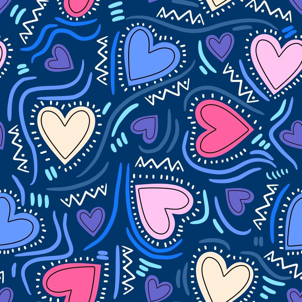 Seamless childish pattern with trendy heart. Creative scandinavian style isolated on blue background. Vector colorful love for Valentine's Day or another love romantic projects illustration