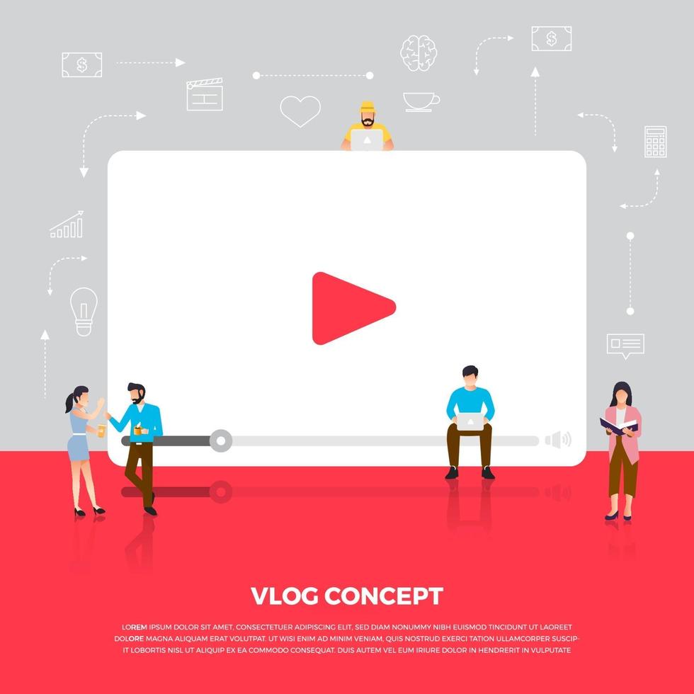 Flat design concept vlog. Team develop channel video online. Vector illustrate.