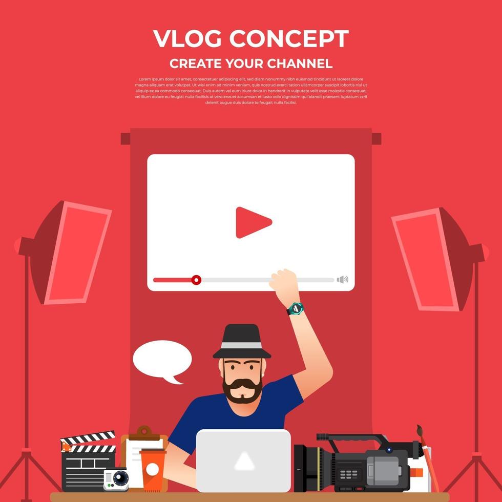 Flat design vlog concept. Create video content and make money. Vector illustrate