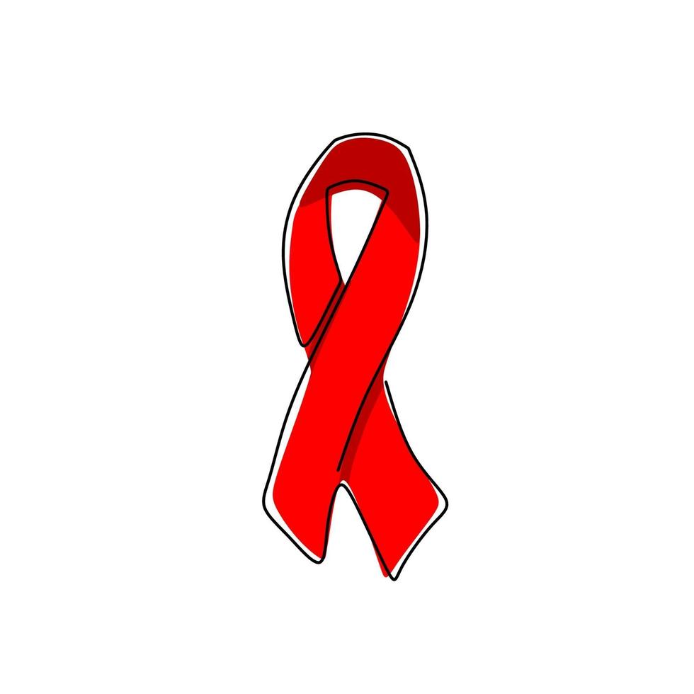 Continuous one line of red ribbon for badge. World HIV Aids day 1 December. Cancer ribbon symbol on white background. Awareness red bow concept hand drawn minimalist design vector illustration