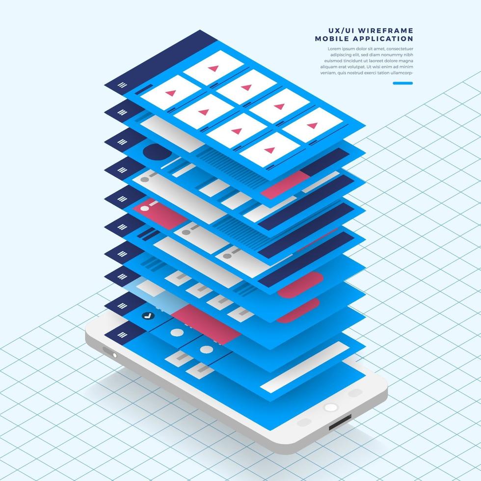 ux ui diagrama de flujo. maquetas concepto de aplicación móvil diseño plano isométrico. ilustración vectorial. vector