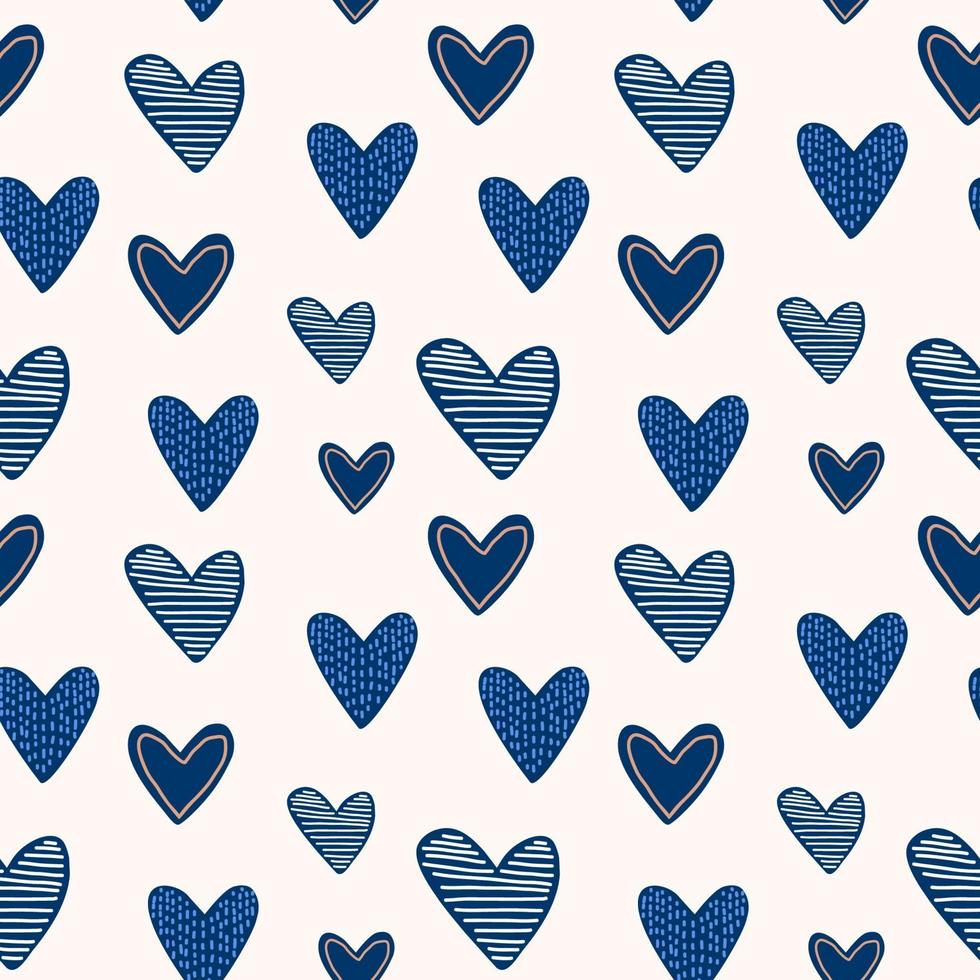 Conjunto de elementos lindos del día de San Valentín. Corazones azules de dibujos animados divertidos repetidos dibujados a mano sobre fondo blanco. estampado infantil para tarjetas, pegatinas, indumentaria e invitación a fiestas. ilustración vectorial vector