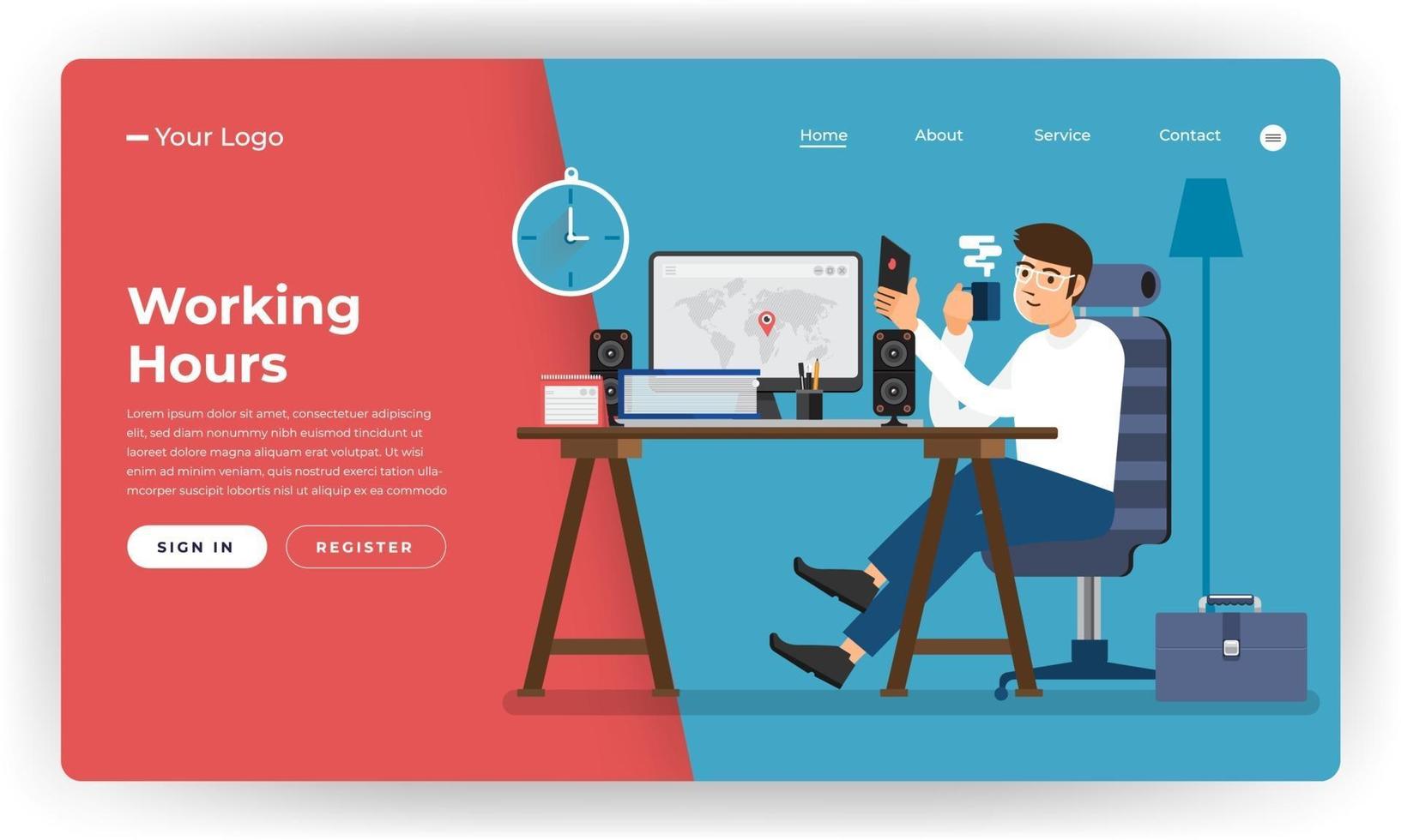 Mock-up design website flat design concept working hours worker in office place.  Vector illustration.