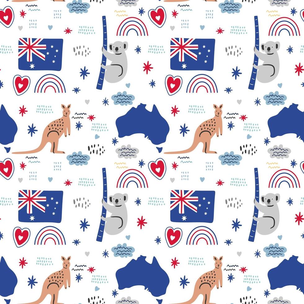 Vector seamless pattern of Australia icons. Kangaroo, koala, map and flag. National Australian holiday and a vacation. Travel to Australia. Design for web page, fabric, wallpaper, textile, flyers.