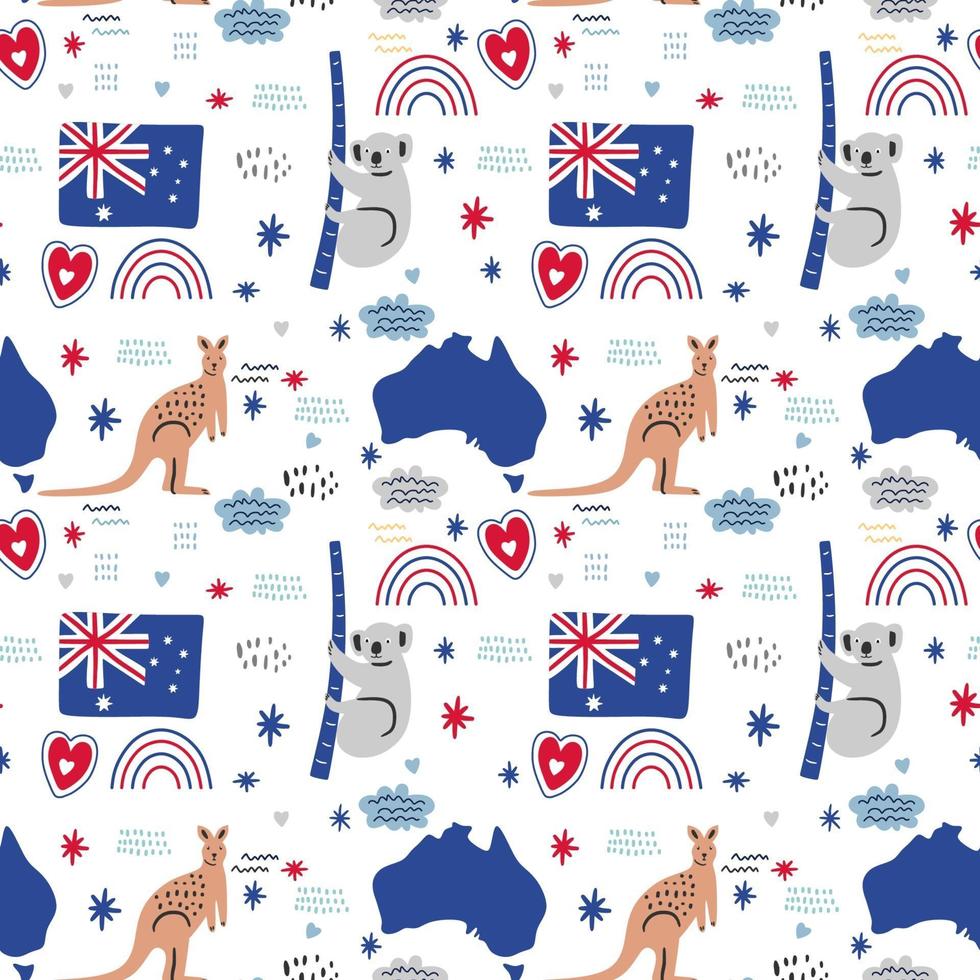 Vector seamless pattern of Australia icons. Kangaroo, koala, map and flag. National Australian holiday and a vacation. Travel to Australia. Design for web page, fabric, wallpaper, textile, flyers.