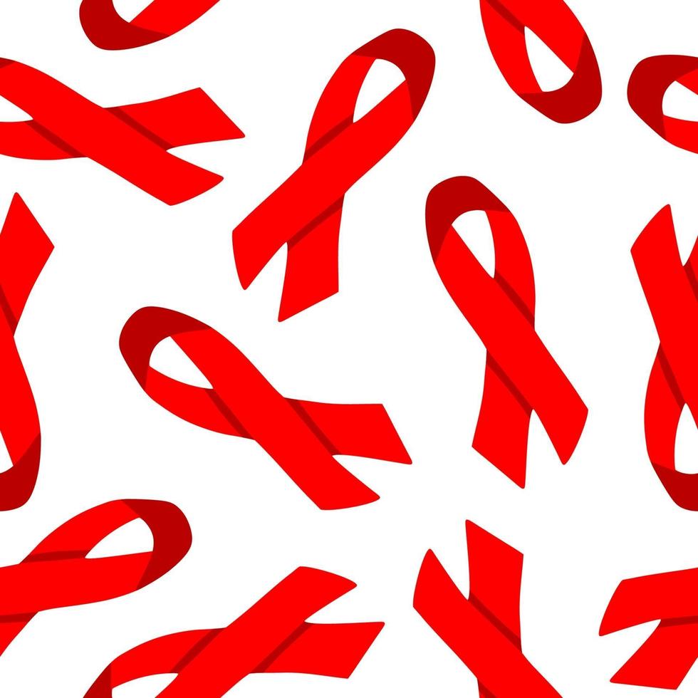 Breast cancer seamless pattern on white background. Childhood Cancer Day. Red AIDS HIV ribbon awareness campaign. Logo bow of unity human with immunodeficiency. Vector illustration