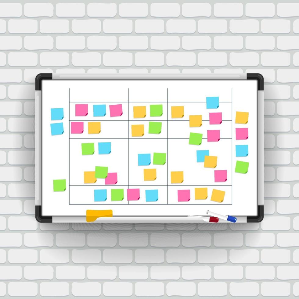 Meeting white board with color stickers. Scrum task board with