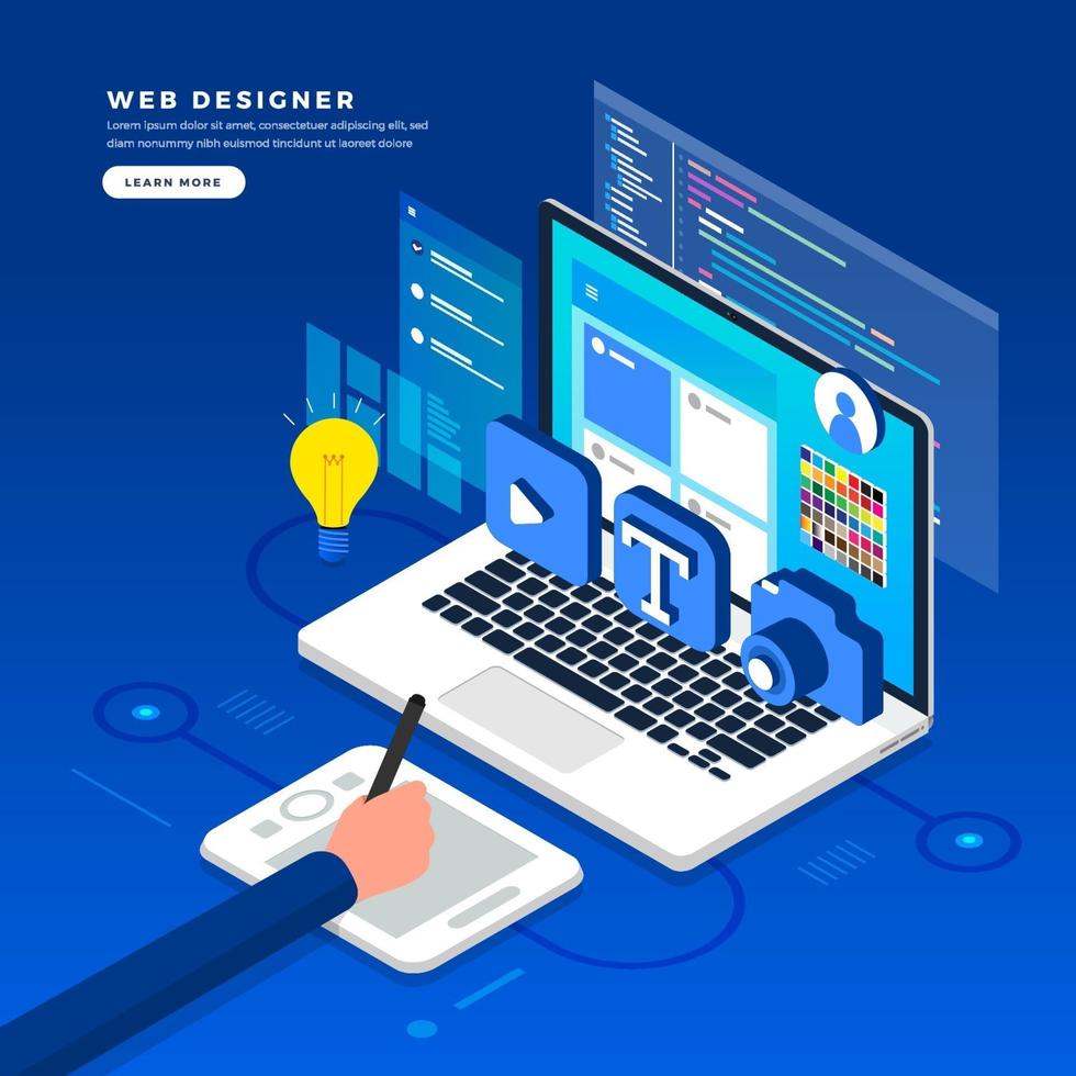 Isometric flat design concept web designer. Vector illustration. Website layout design.