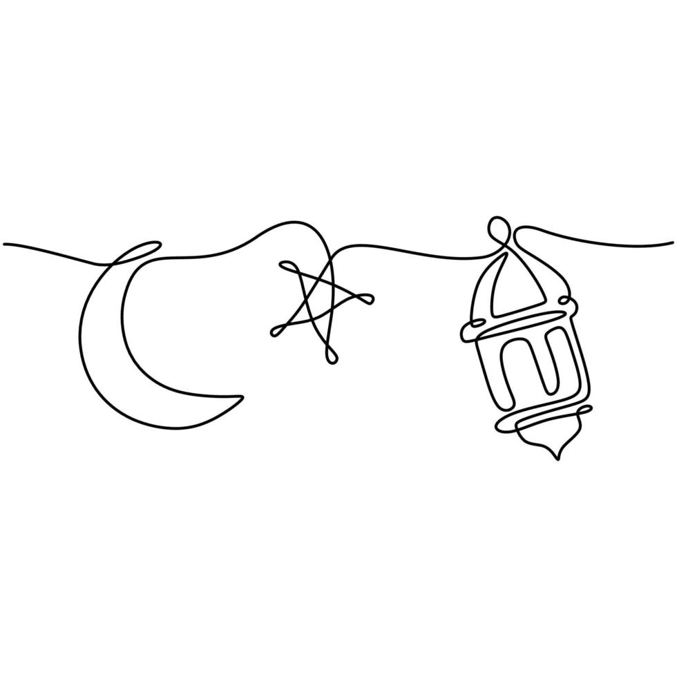 Lantern, half moon and star. Ramadan Kareem theme minimal one continuous line drawing on white background. Single line art of Eid Mubarak greeting card, poster and banner design. Vector illustration